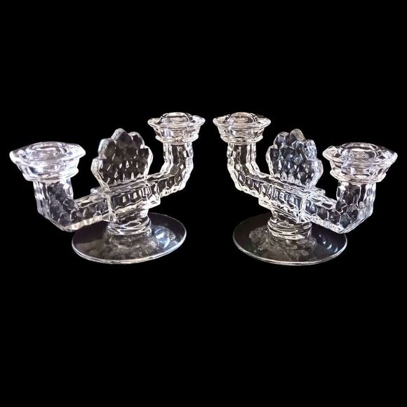 Fostoria American Clear Candlesticks Glass Double Holders Vintage Art Deco Pair. - Picture 12 of 16